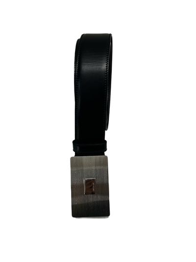 Prada Black Polished Calfskin Leather Belt With Laser Etched Shield Buckle 4