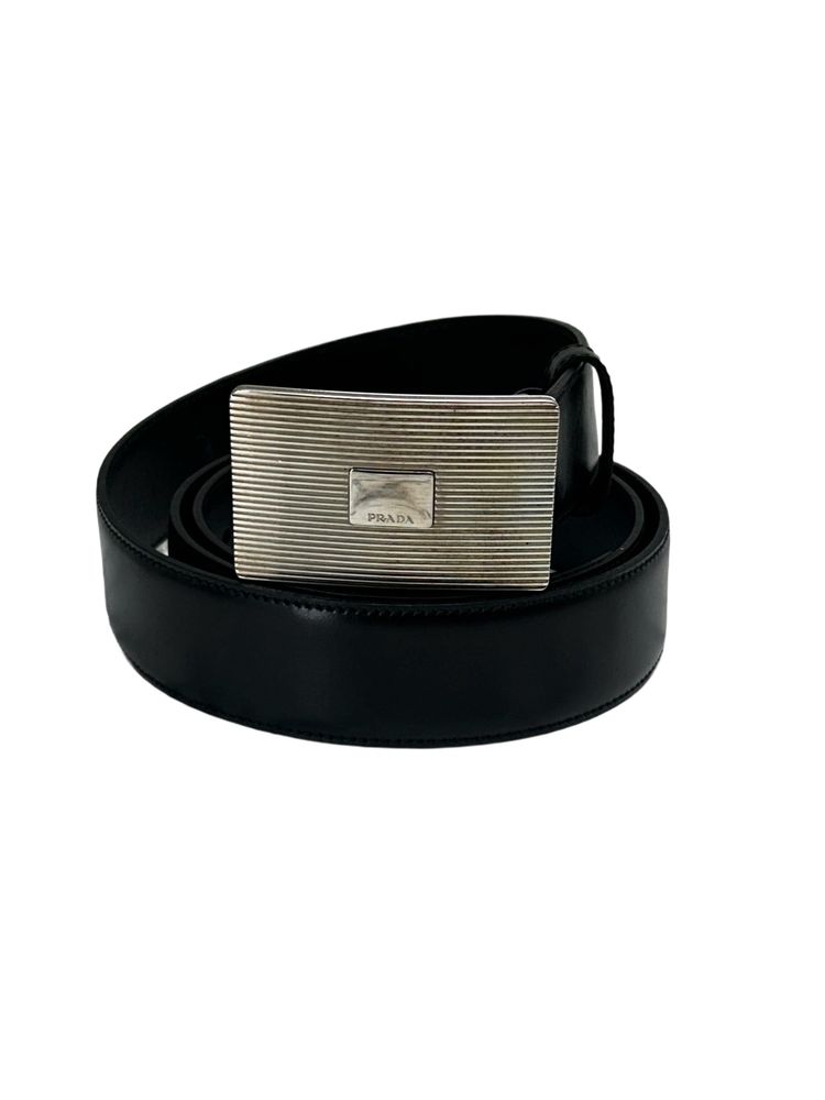 Prada Black Polished Calfskin Leather Belt With Laser Etched Shield Buckle 2