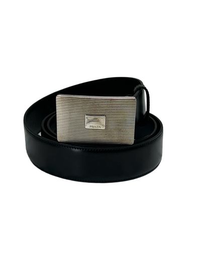 Prada Black Polished Calfskin Leather Belt With Laser Etched Shield Buckle 2