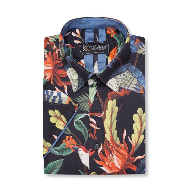 KAM Bird Print Short Sleeve Shirt For Men in Navy, 2XL-8XL image 3