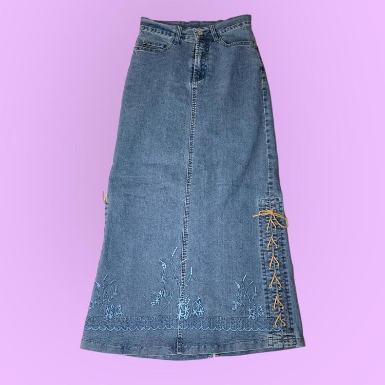 90s 00s denim maxi skirt with embroidery and lace up sides  