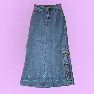 90s 00s denim maxi skirt with embroidery and lace up sides