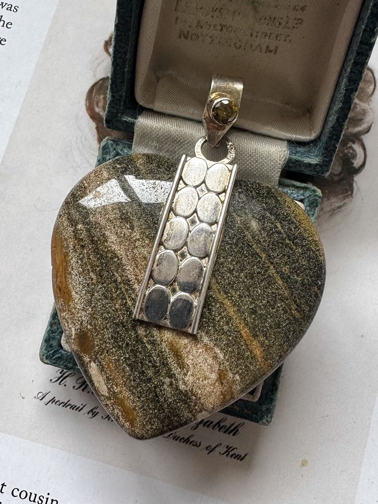 Vintage Stamped Solid 925 Silver Bohemian Agate Heart Citrine Drop Pendant Charm - Vintage Pendant Solid Sterling Silver 