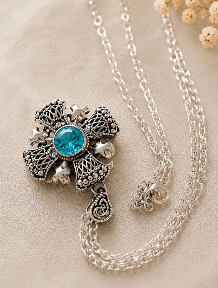 Silver Cross Pendant Necklace With Blue Gem