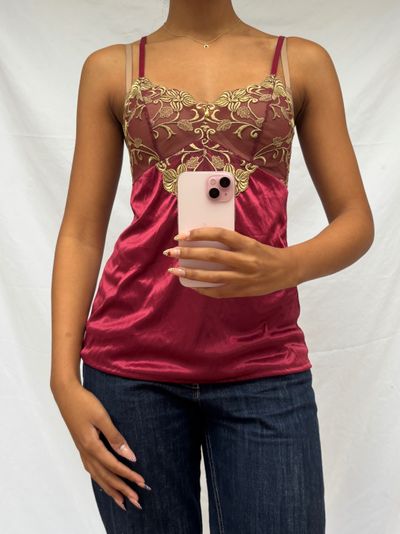 red satin camisole top with gold embroidery
