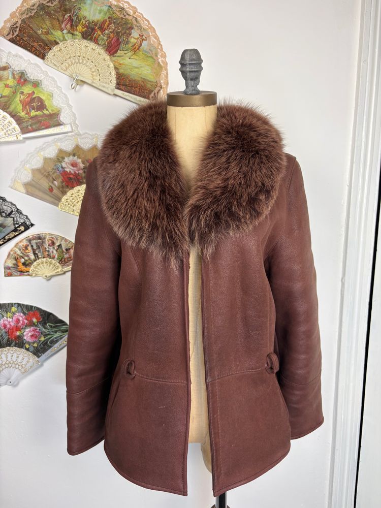 Vintage 70s Sheepskin jacket with fox fur collar image 2