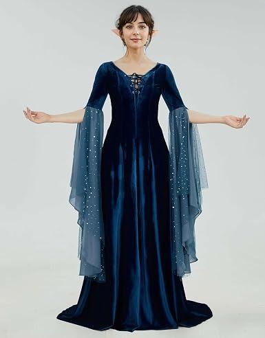 Blue Velvet Medieval Style Dress With Sheer Embellished Sleeves image 1