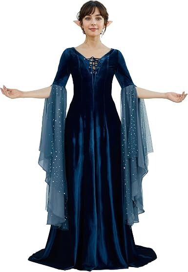 Blue Velvet Medieval Style Dress With Sheer Embellished Sleeves image 5