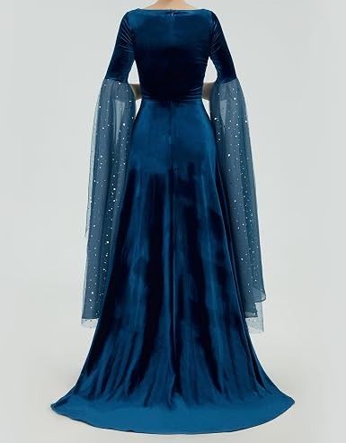 Blue Velvet Medieval Style Dress With Sheer Embellished Sleeves image 3