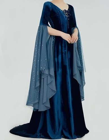 Blue Velvet Medieval Style Dress With Sheer Embellished Sleeves image 2