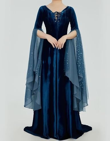 Blue Velvet Medieval Style Dress With Sheer Embellished Sleeves image 4