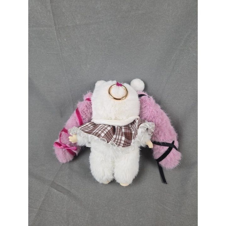 Plush Doll Keychain With Pink And White Fur And Plaid Dress imagen 1