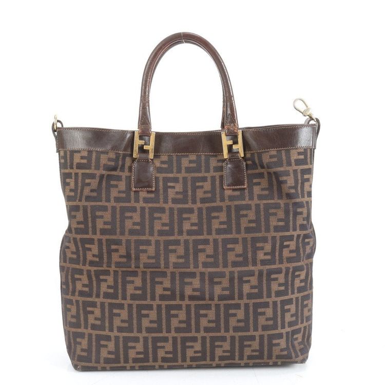 Fendi Zucca Pattern Gold Brown Leather Tote Bag