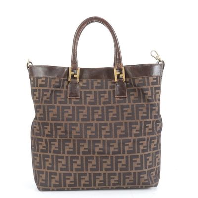 Fendi Zucca Pattern Gold Brown Leather Tote Bag
