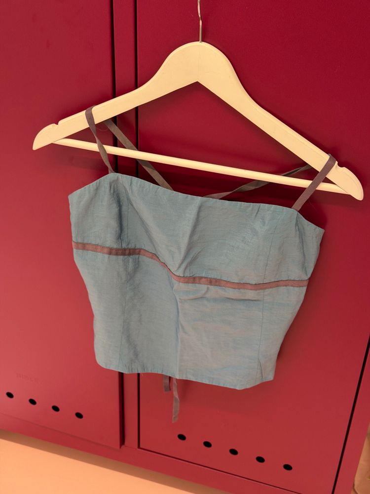 Blue silk backless top