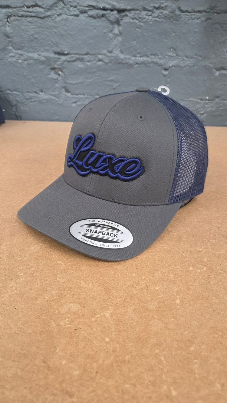 Grey And Navy Snapback Cap With Luxe Embroidery 2