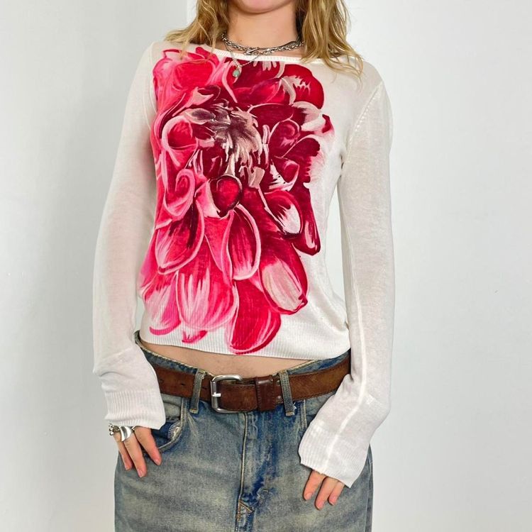 White Long Sleeve Top With Large Red Floral Print