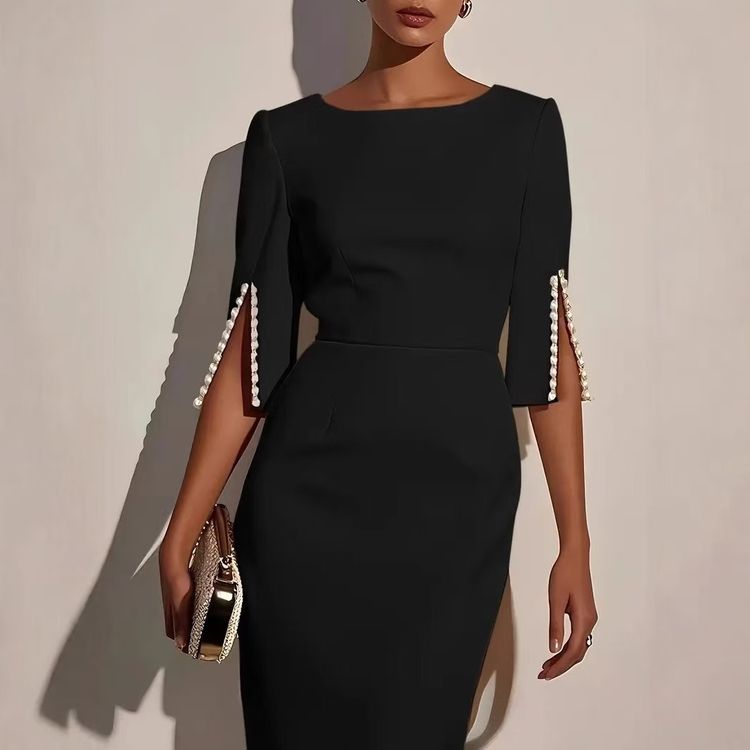 Black Dress With Pearl Detail Sleeves