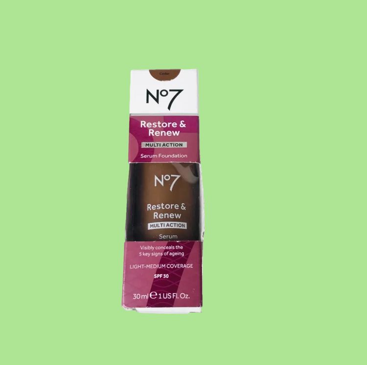 No7 Restore & Renew Multi Action Serum Foundation 30ml Cedar Shade SPF30 NEW
