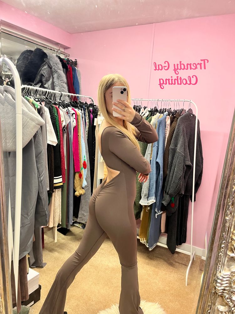 Chocolate long sleeve flared scrunch bum jumpsuit  2