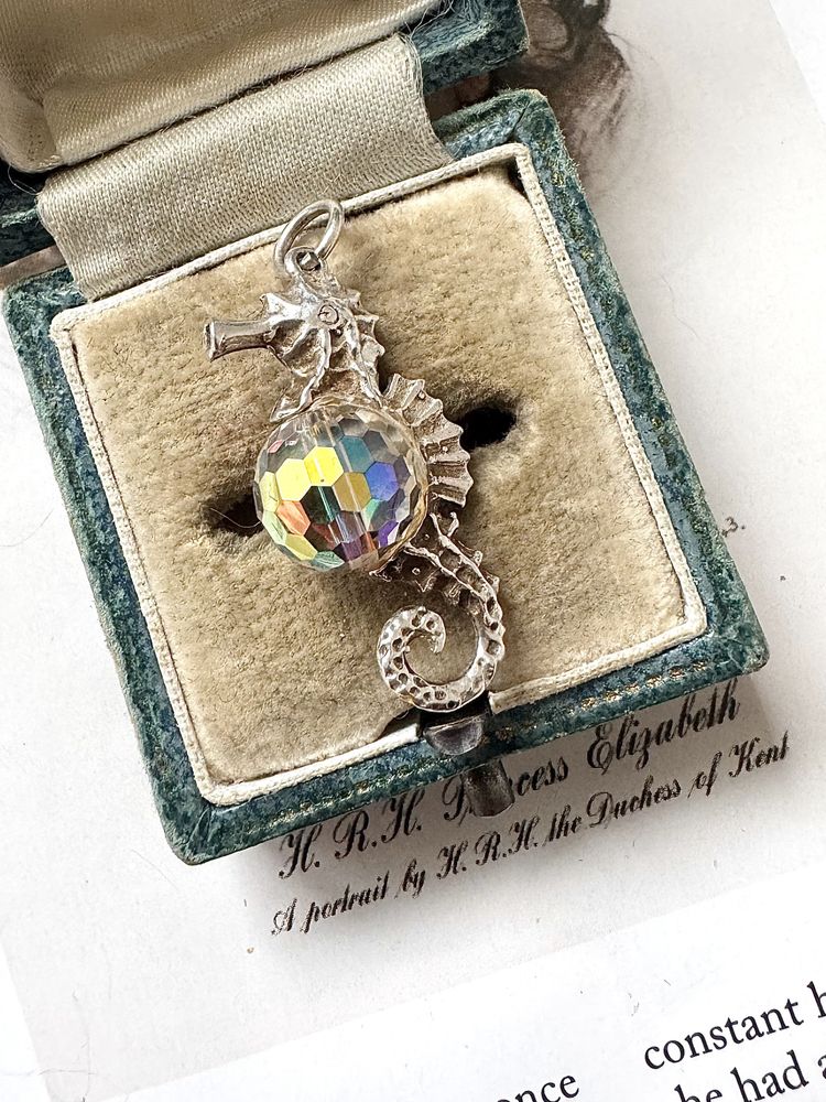 Seahorse Pendant Charm with Glass Aurora Borealis Tummy - Charm for Bracelet - 925 Sterling Silver Charm