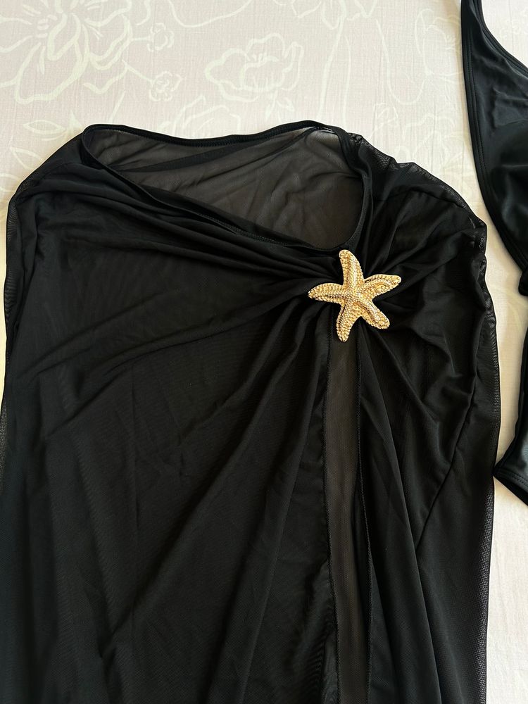 Black One-Piece Swimsuit With Starfish Embellishment And Matching Black Mesh Sarong Skirt image 5