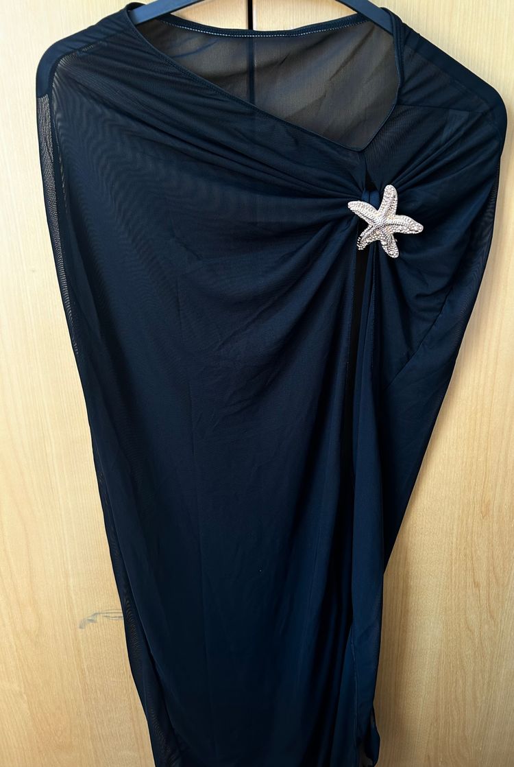 Black One-Piece Swimsuit With Starfish Embellishment And Matching Black Mesh Sarong Skirt image 4