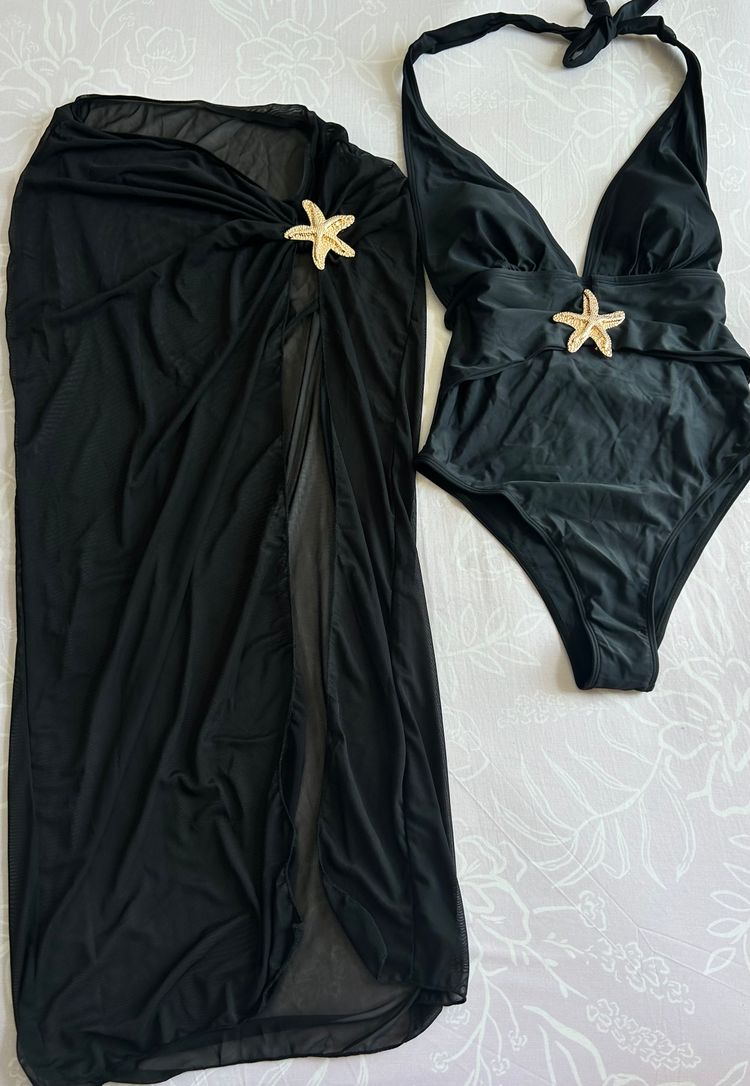 Black One-Piece Swimsuit With Starfish Embellishment And Matching Black Mesh Sarong Skirt image 1