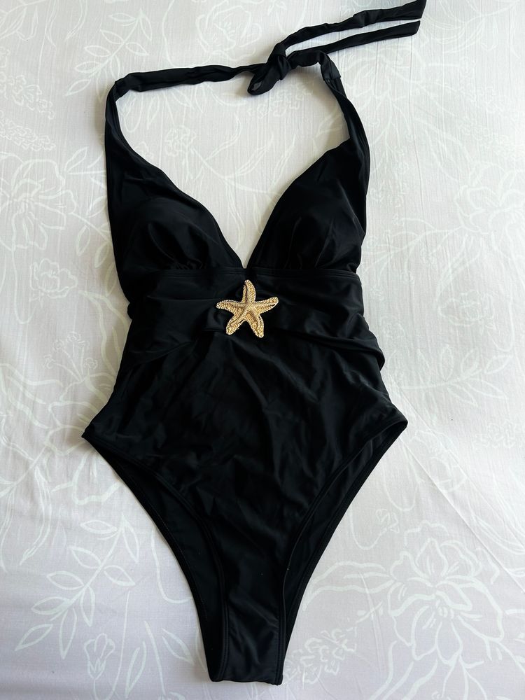 Black One-Piece Swimsuit With Starfish Embellishment And Matching Black Mesh Sarong Skirt image 6