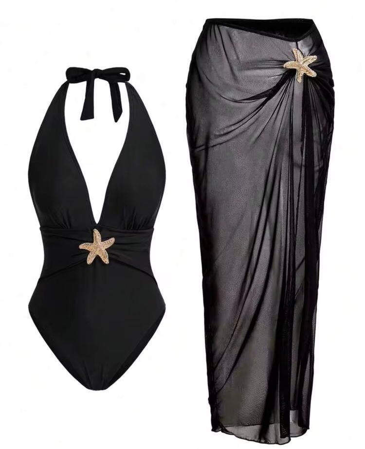 Black One-Piece Swimsuit With Starfish Embellishment And Matching Black Mesh Sarong Skirt image 2