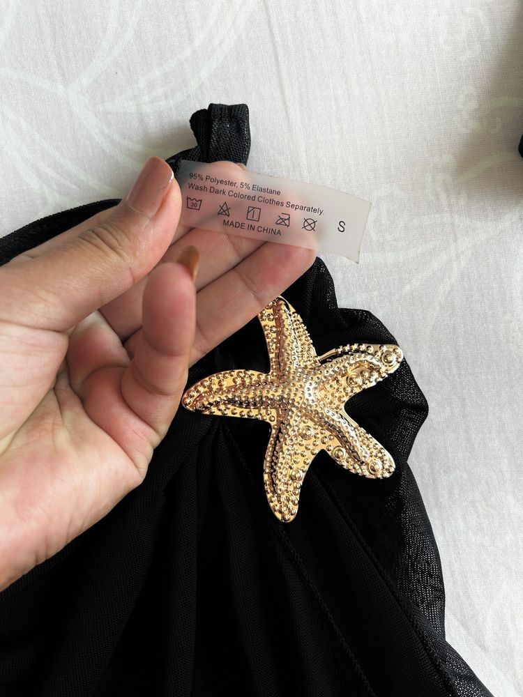Black One-Piece Swimsuit With Starfish Embellishment And Matching Black Mesh Sarong Skirt image 10
