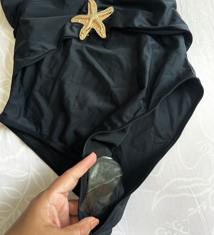 Black One-Piece Swimsuit With Starfish Embellishment And Matching Black Mesh Sarong Skirt image 7