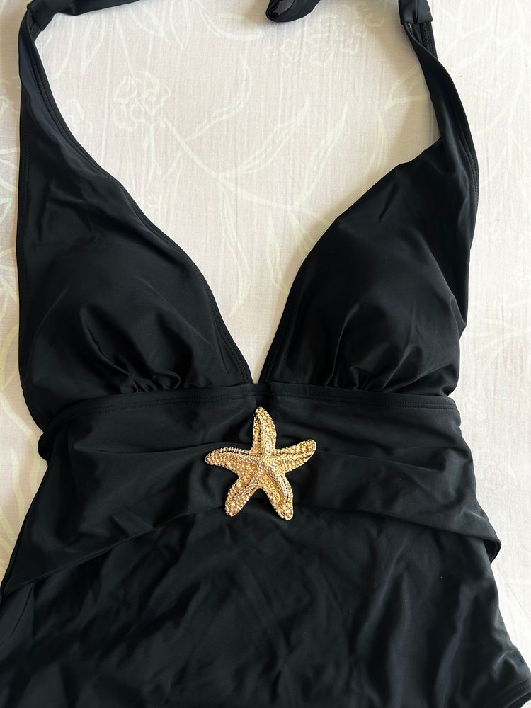Black One-Piece Swimsuit With Starfish Embellishment And Matching Black Mesh Sarong Skirt image 8