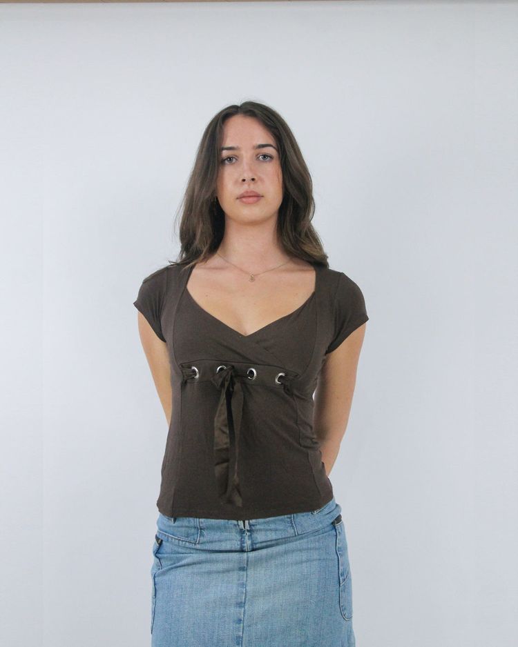 gilmore girls | medium brown tie front cap sleeve top image 1