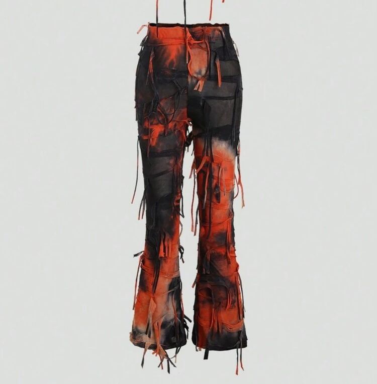 black and orange distressed pants