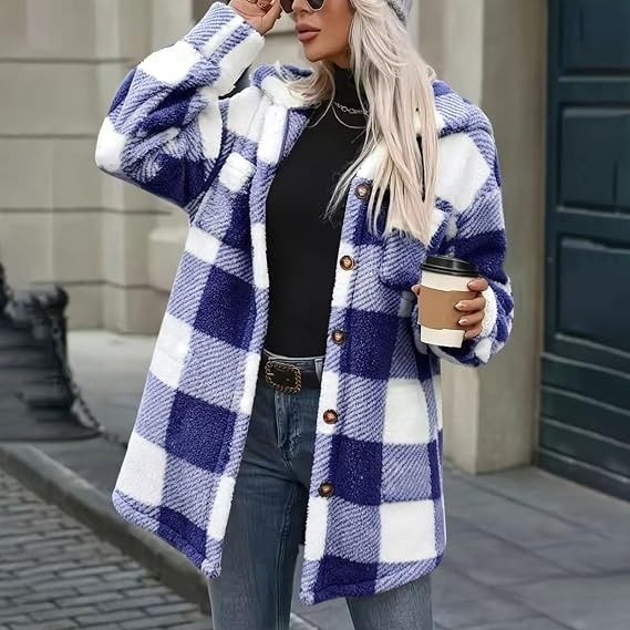 Immagine di Blue And White Checkered Fleece Jacket 4