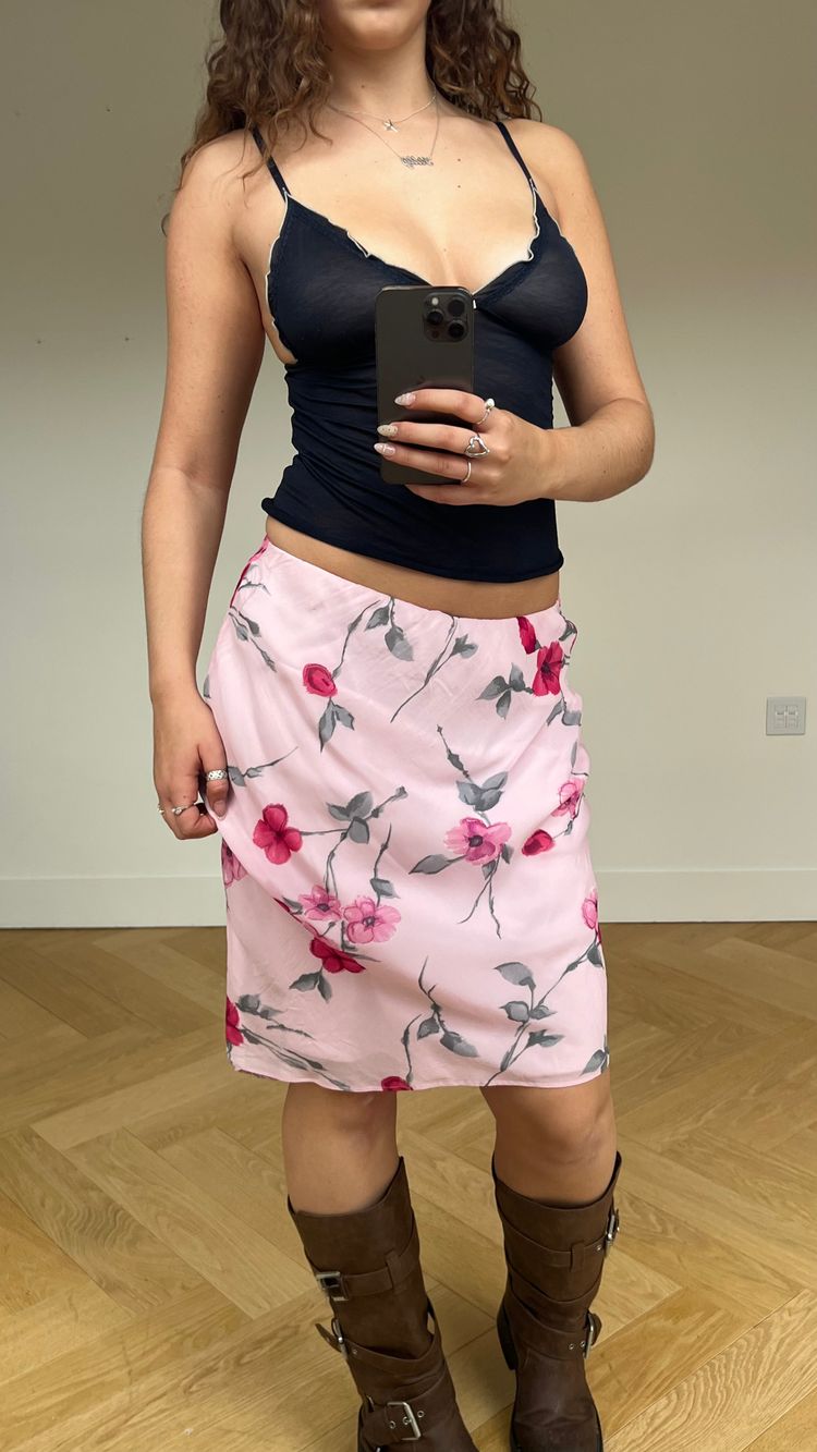 00s pink mesh floral midi skirt- size M
