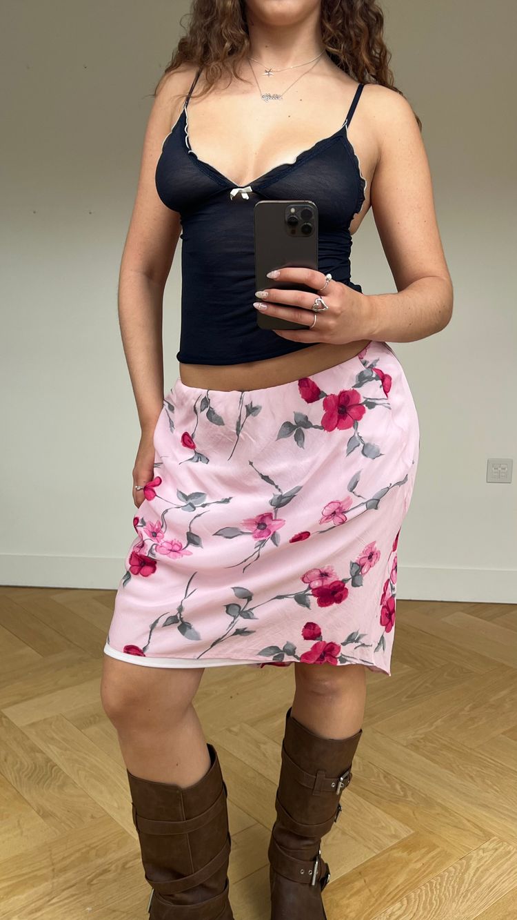 00s pink mesh floral midi skirt- size M 6