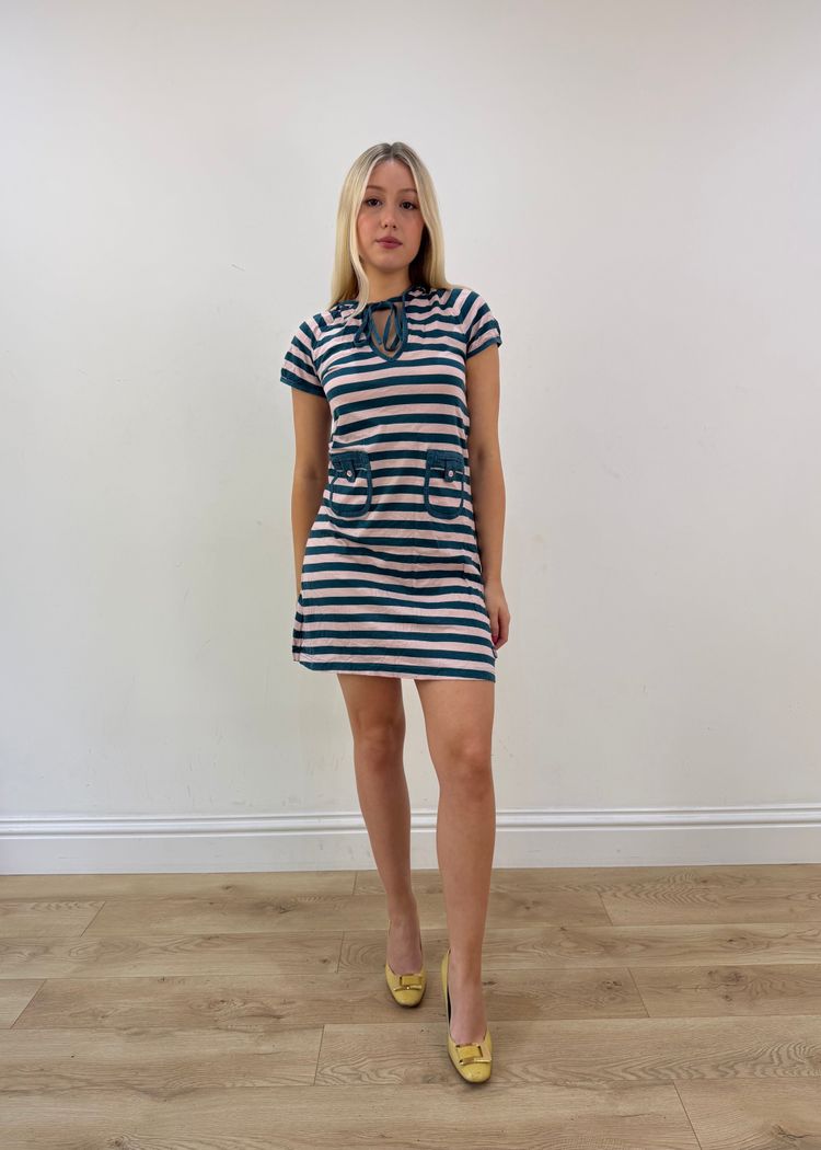 small pink and teal adidas stripy hooded mini dress image 1