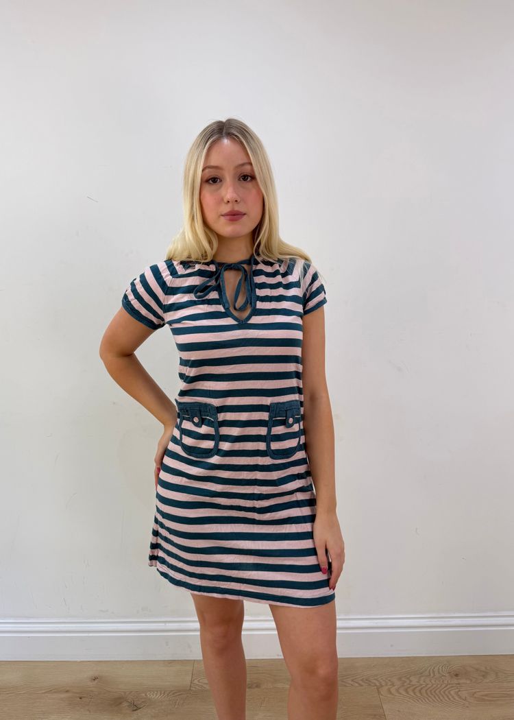 small pink and teal adidas stripy hooded mini dress image 8