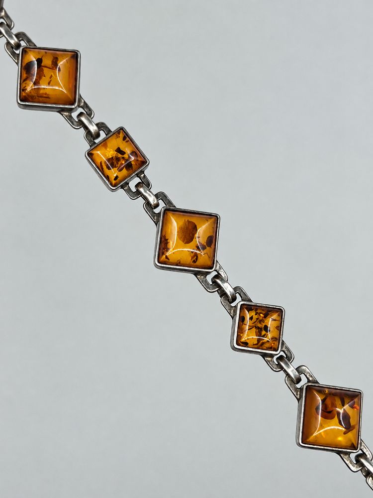 925 Sterling Silver Amber Geometric Link Bracelet obraz 4