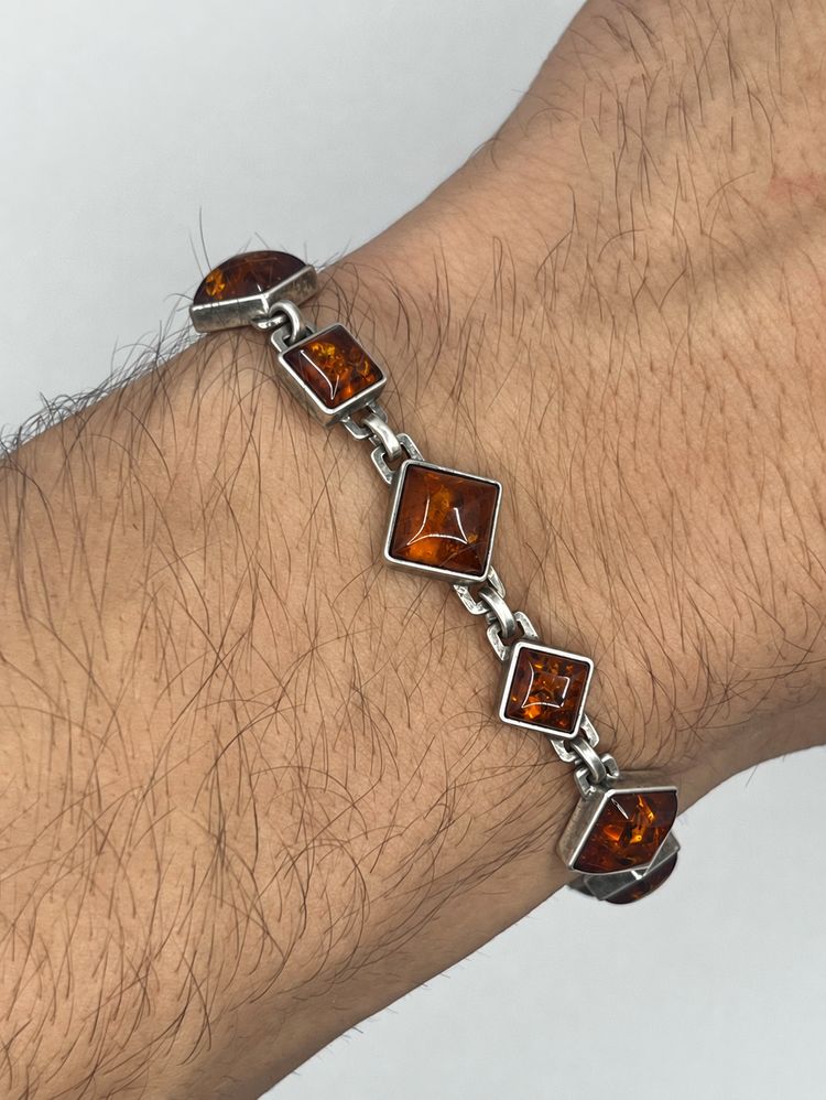 925 Sterling Silver Amber Geometric Link Bracelet obraz 2