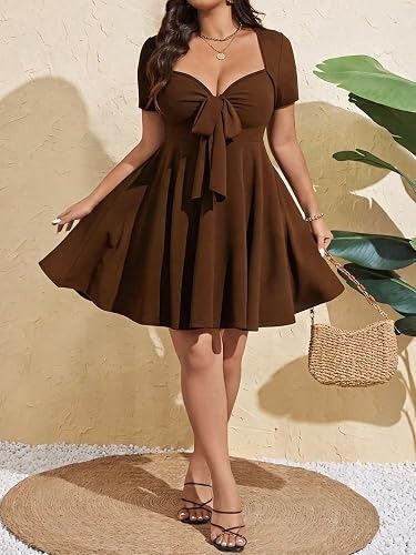 Brown Short Sleeve Dress With Front Bow