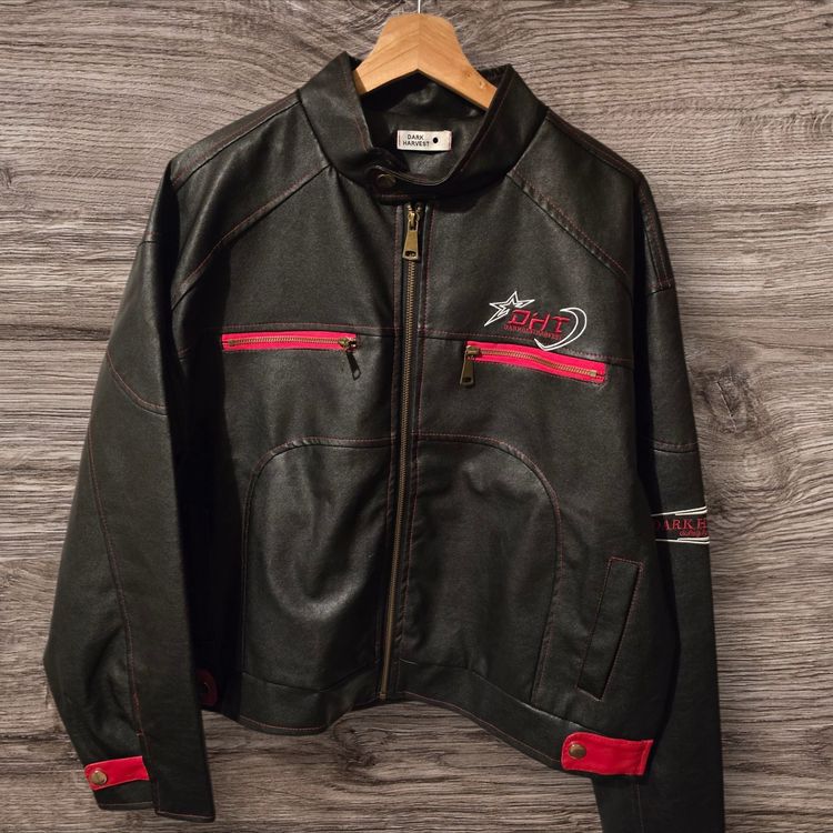Dark Harvest blackather jacket with red accents