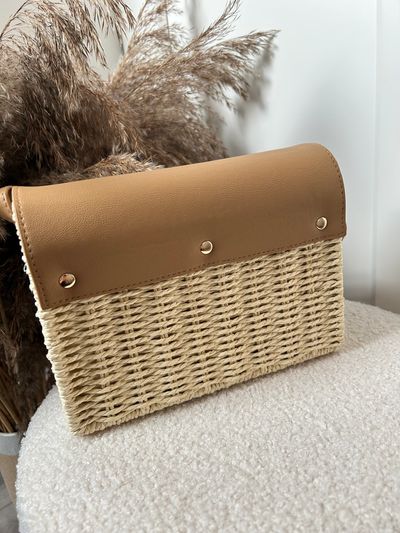 Torebka listonoszka kuferek na rami臋 be偶owa letnia | woven straw and tan leather crossbody bag 2