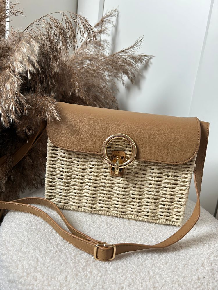 Torebka listonoszka kuferek na rami臋 be偶owa letnia | woven straw and tan leather crossbody bag 1