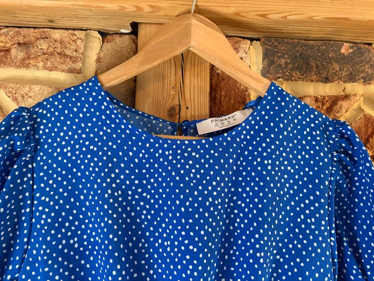 Blue & White Spot Midi Dress Size 14 Tie Waist Puff Sleeve NWT wedding party cruise holiday imagen 4