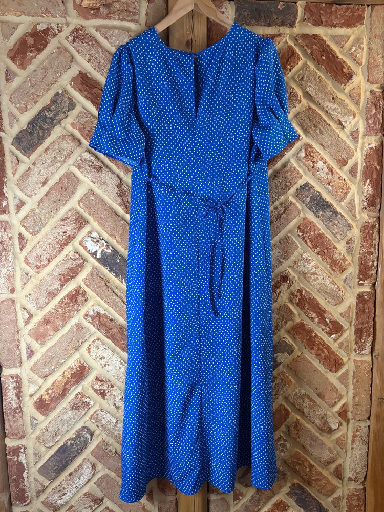 Blue & White Spot Midi Dress Size 14 Tie Waist Puff Sleeve NWT wedding party cruise holiday imagen 5
