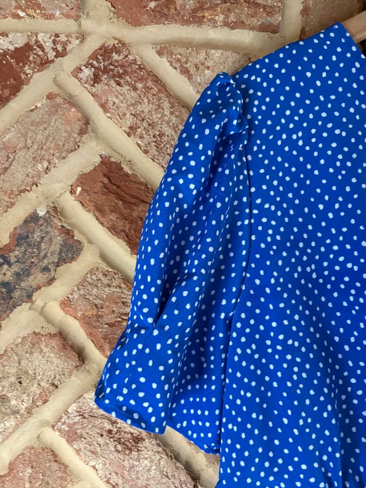 Blue & White Spot Midi Dress Size 14 Tie Waist Puff Sleeve NWT wedding party cruise holiday imagen 2