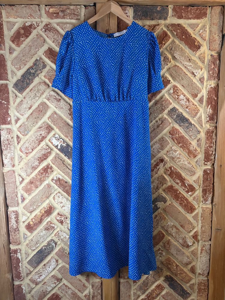 Blue & White Spot Midi Dress Size 14 Tie Waist Puff Sleeve NWT wedding party cruise holiday